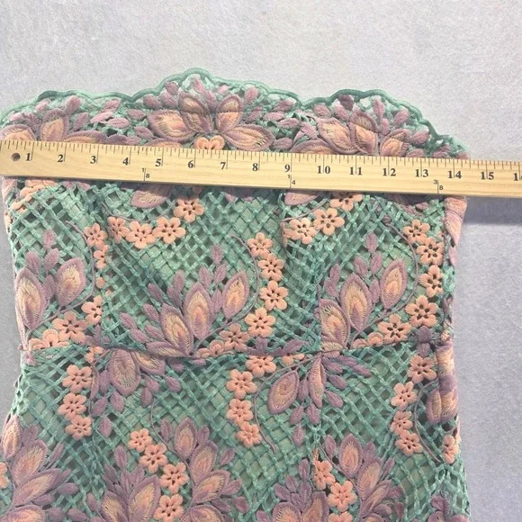 Foxiedox S Strapless Floral Lace Midi Dress Green Pink Scalloped Wedding Guest - Picture 6 of 7